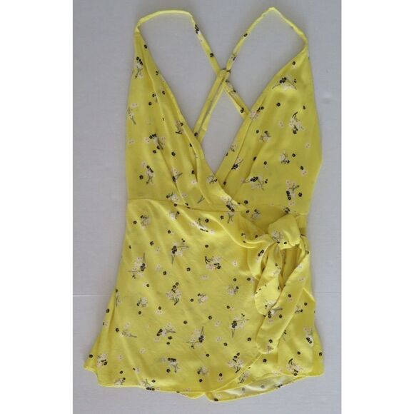 Free People Women's Sz 2 Yellow Floral Tango at Night Wrap Romper Playsuit - Picture 7 of 9